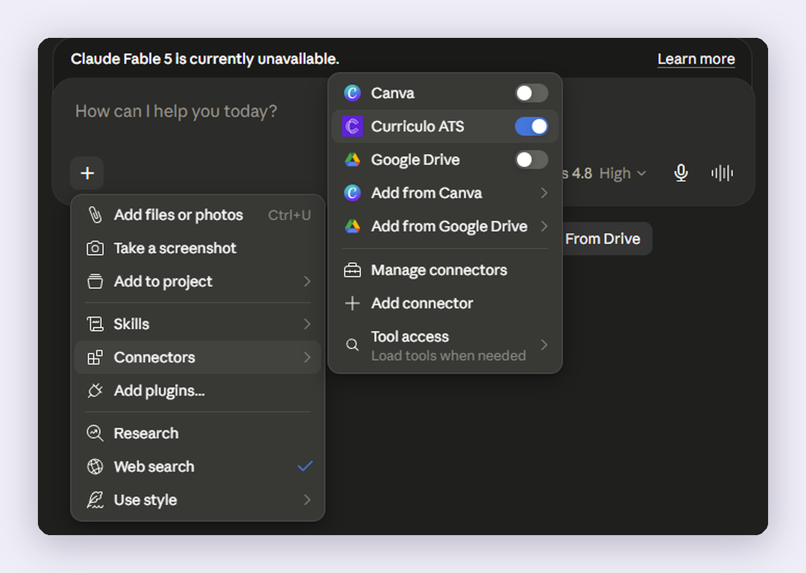 The Claude plus menu open, with the Curriculo ATS connector switched on