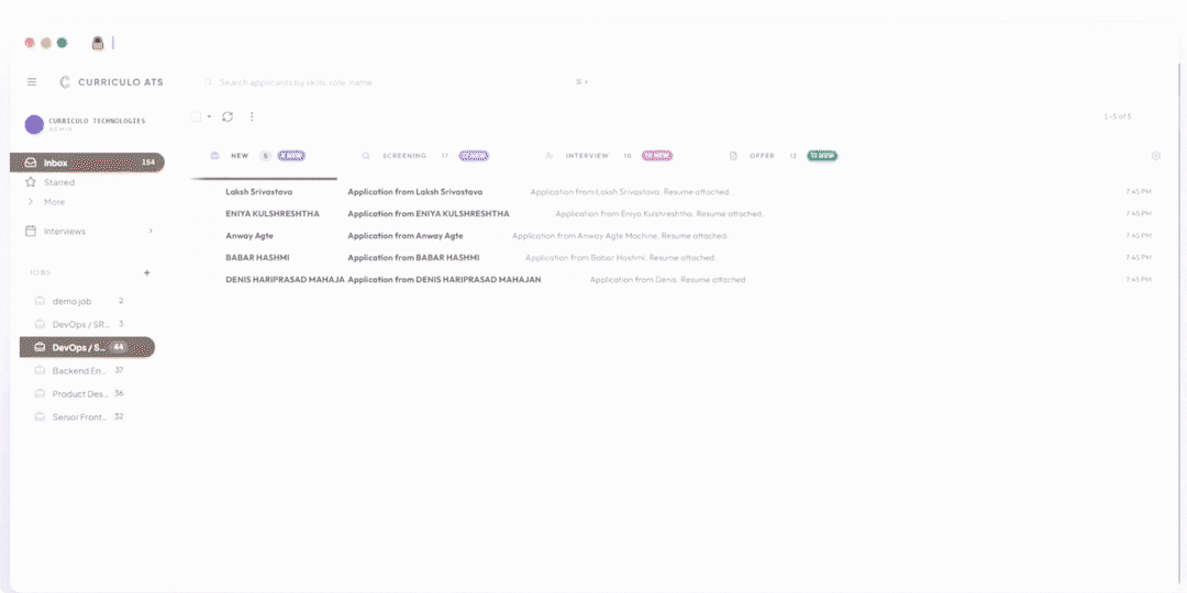 CurriculoATS dashboard, AI-scored candidates, email-apply inbox, and hiring pipeline